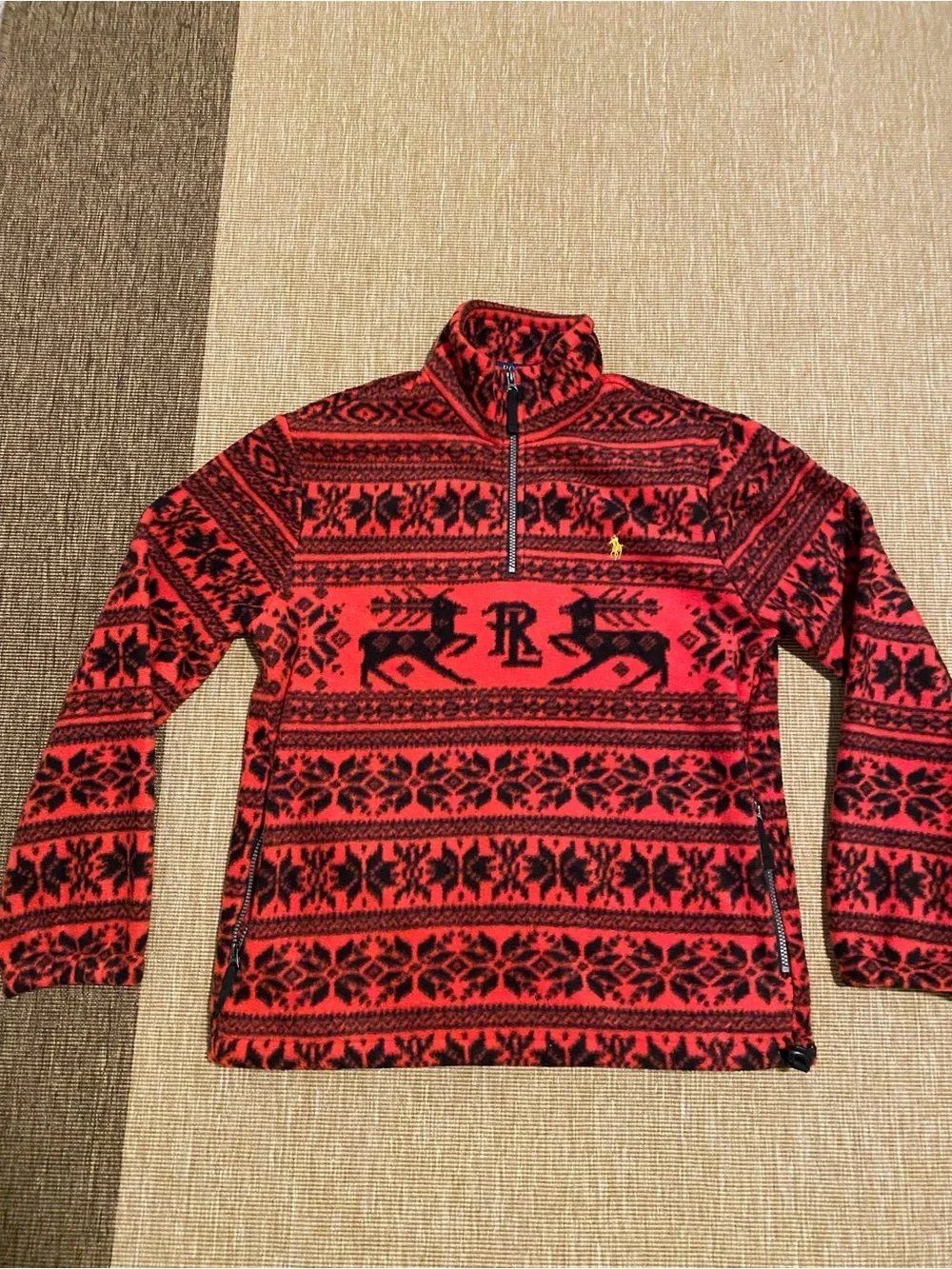 Polo Ralph Lauren Red Fair Isle Half-Zip Fleece Sweater Reindeer Holiday